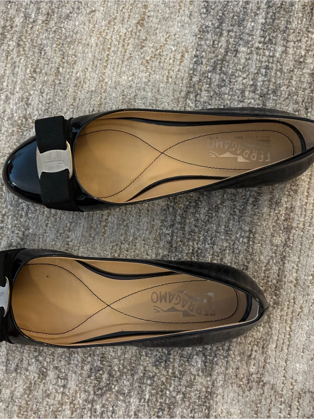 Salvatore Ferragamo Black Patent Leather Vara Bow Flats